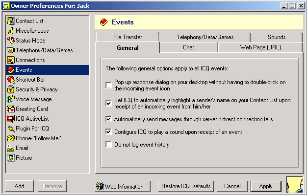 menu de preferências