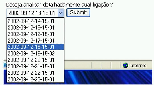 Detalhe da página Web, onde é feita a escolha de uma ligação a ser detalhada quanto aos seus parâmetros ao longo dos 3 minutos.