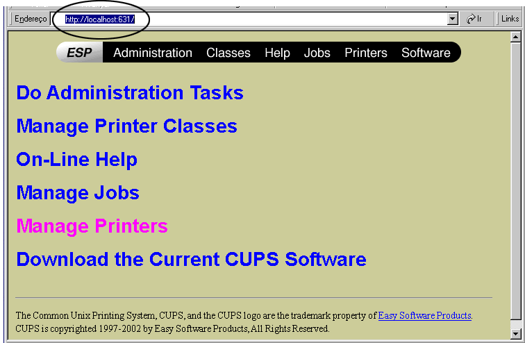 Tela inicial do CUPS
